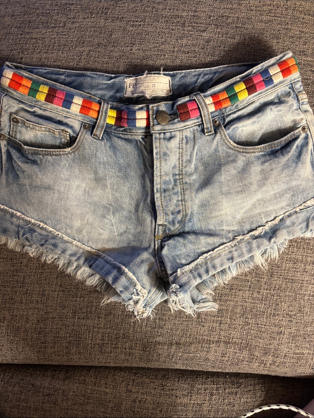 Free People FP Rainbow Trim Denim Shorts Size 25 Raw Hem Festival Boho